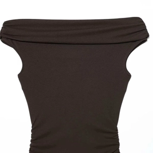 Elegant deep brown off-the-shoulder maxi dress with side ruching and folded neckline