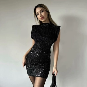 Women Elegant Sequin Bodycon Mini Dress High Neck Sleeveless Padded Shoulder Party Evening Dress Slim Fit Sparkling Clubwear