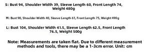 Size chart for autumn oversized double-breasted blazer with chest and shoulder dimensions