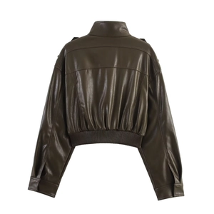 Back view of a cropped dark brown PU leather jacket with ribbed hem and stand collar