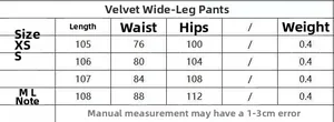 Size chart for velvet wide-leg trousers showing waist, hip, and length measurements