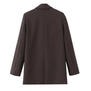 Dark brown oversized double-breasted blazer for women with rear vent and structured fit