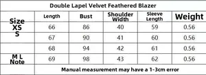 Size guide for velvet blazer with feathers detailing length, bust, and sleeve dimensions
