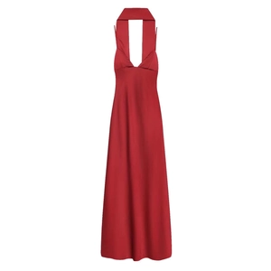 Robe longue élégante en satin rouge foncé avec col licou en V et coupe ajustée