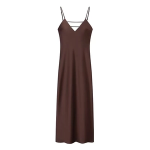 Elegant deep brown satin midi dress with V-neck and delicate spaghetti straps