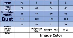 Size guide for brown faux suede jacket listing dimensions XS-L and polyester fabric details