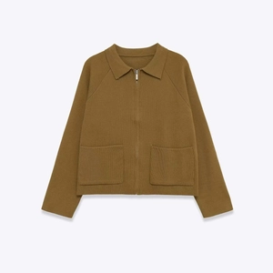 Cardigan en Maille Rétro pour Femmes Col Polo Manches Longues Veste à Fermeture Éclair avec Poches Pull d'Automne Décontracté