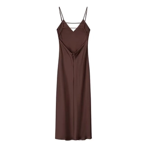 Detail view of coffee satin midi dress featuring delicate back straps and V-shaped back