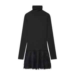 Women Elegant High Neck Long Sleeve Mini Dress Fringe Feather Patchwork Solid Color Autumn Fashion Bodycon Dress