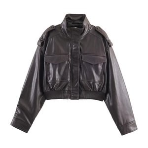 Women's vintage brown PU leather cropped jacket with high collar and epaulets