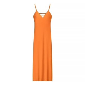 Orange V-neck sleeveless satin midi dress with thin straps and sleek silk texture