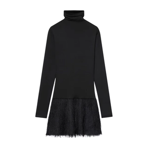 Elegant black long sleeve turtleneck dress featuring a chic feather fringe hemline