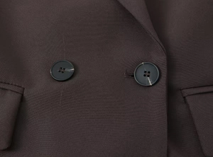 Close-up of dark charcoal blazer buttons and neatly stitched pocket flap detail
