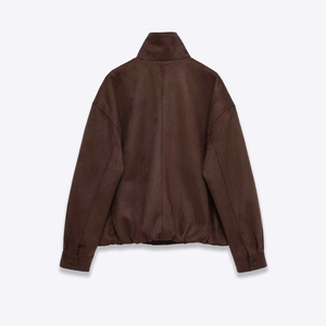 Vintage dark brown faux suede bomber jacket with stand collar and back view detail