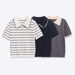 Women Knit Short Sleeve Polo Top Elegant Lace Trim Peter Pan Collar Striped Contrast Color Slim Knitted Shirt Pullover