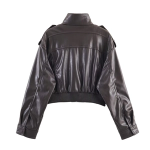 Detailed back view of a dark chocolate brown faux leather short jacket with ribbed hemline