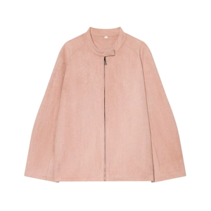 Women Fashion Faux Suede Jacket Stand Collar Zipper Casual Loose Mid Length Outerwear Solid Pink Long Sleeve Autumn Jacket