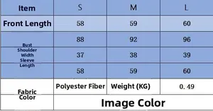 Size chart for knit jacket with dimensions for S, M, L in cm and material details