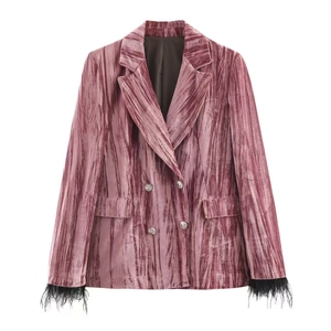 Pink velvet pleated blazer with double-breasted buttons and black feather cuffs decoration