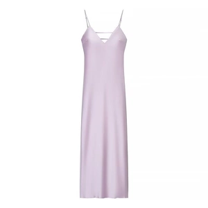 Detailed view of lavender satin midi dress featuring thin straps and V-neckline texture