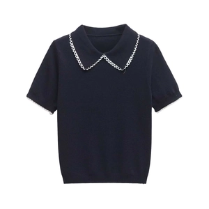 Navy blue short sleeve knit top with white wavy lace Peter Pan collar design
