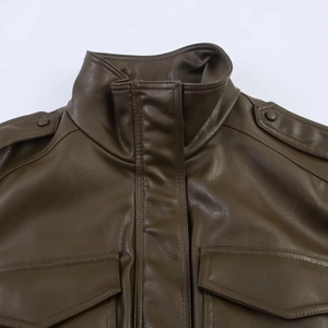 Faux leather stand collar jacket in olive green with military-style epaulettes and chest pockets