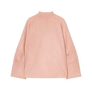 Pink faux suede long sleeve jacket with raglan sleeves and elbow patch back view