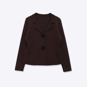 Women Elegant Dark Brown Knit Cardigan Jacket Flower Buttons Notched Lapel Slim Fit Long Sleeve Autumn Winter Office Sweater