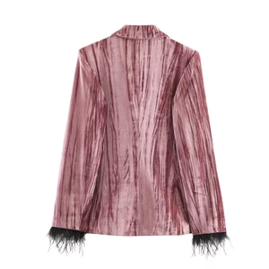 Pink velvet suit jacket for women with black feather trim on cuffs and striped texture