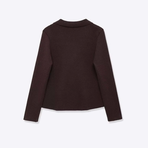 Back view of a textured chocolate brown knit cardigan featuring a sleek, slim-fit design
