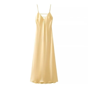 Elegant champagne satin V-neck midi dress with thin straps and a smooth metallic luster