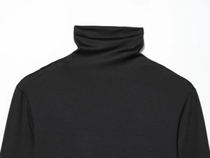 Detailed view of the high turtleneck and shoulder stitching on this black slim fit dress
