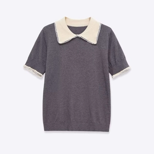 Women's dark grey knit top with contrast Peter Pan collar and white lace trim