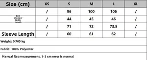 Detailed size chart for black PU faux leather blazer showing measurements and fabric info