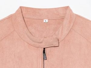 Detail of pink faux suede jacket collar with metal zipper and size L neck label