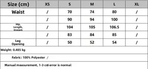 Size chart for black faux leather lace-up trousers showing waist, hip and length in cm