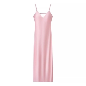 Detail view of pink satin midi dress showing V-neck design and thin decorative straps