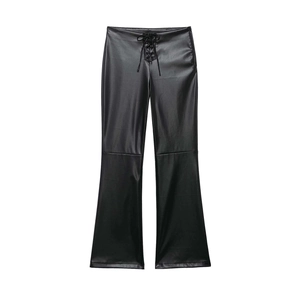 Women Black Faux Leather Flare Pants Stylish Lace Up Waist PU Leather Trousers Slim Fit Chic Commuter Style Fashion Bottoms