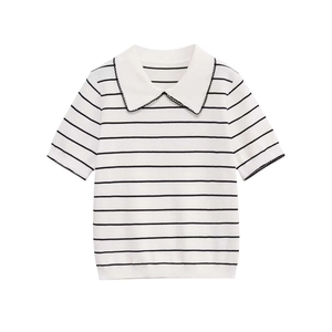 Short sleeve polo knit top with black stripes and scalloped lace trim on white background
