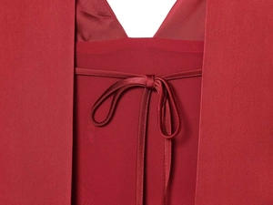 Vue détaillée du col en V en satin rouge profond et du nœud élégant dans le dos