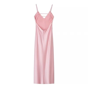 Detailed back view of pink satin midi dress featuring thin straps and backless design