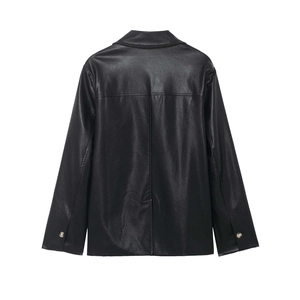 Classic black faux leather jacket with lapel collar and metal buttons back view