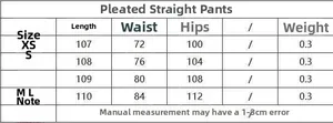 Size chart for women's pleated straight pants with measurements for XS, S, M, and L sizes