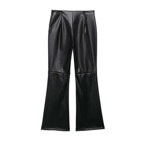 Women's high waist black PU faux leather flared pants with stylish waist pleat detail
