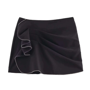 Damen High Waist Geraffter Hosenrock Mit Strassbesatz Volant Mini Sexy Party Streetwear Schwarz Polyester