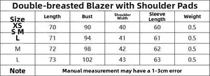 Size chart for double-breasted shoulder pad blazer showing measurements from XS to L