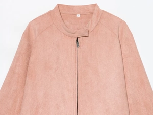 Detail of pink faux suede jacket showing collar, metal zipper, and fabric texture