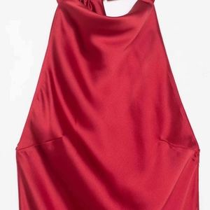Elegant red satin halter neck dress with pleated collar and smooth silk texture