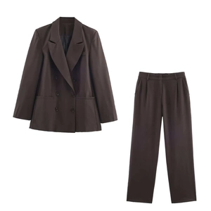 Women Double Breasted Blazer Top And Wide Leg Trousers Bottom Coffee Brown Formal Office Suit Set Professional Outfit