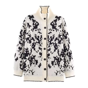 Oversized jacquard knit cardigan with a mock neck and abstract pixelated black patterns
